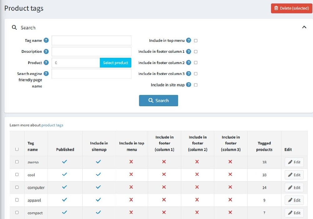 Filter and manage product tags by SEO attributes